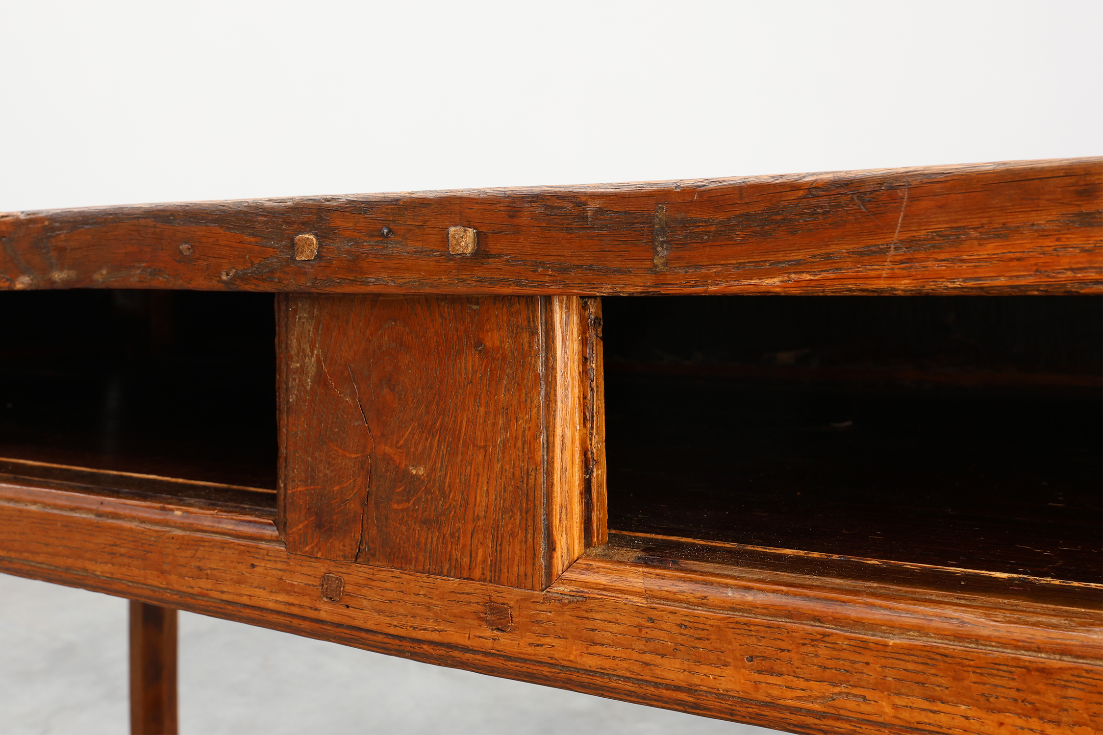 Rustic 19th century oak dinner table with drawers that open laterally, France ca. 1930thumbnail
